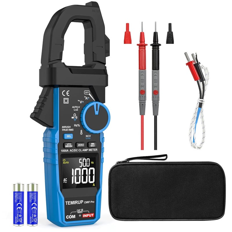 Temirup Inrush Digital Clamp Meter Multimeter - T-RMS 6000 Counts 1000A Amp Voltage Tester with VFD, LOZ, Measures NCV, AC/DC Voltage Current, Continuity Capacitance Frequency Resistance, Temperature - Image 1